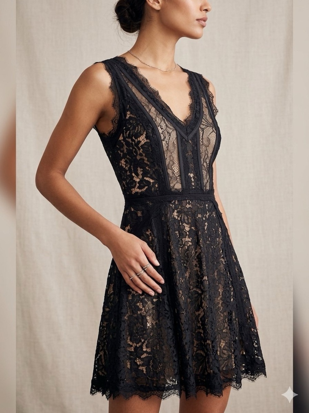 Heartloom Sera Black Lace Nude Lined Mini Dress M